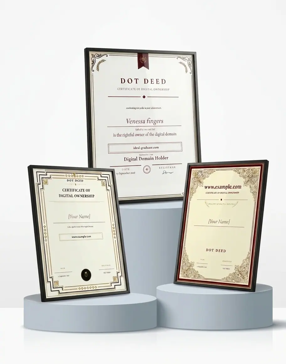 Three framed Dotdeed certificates displayed on pedestals