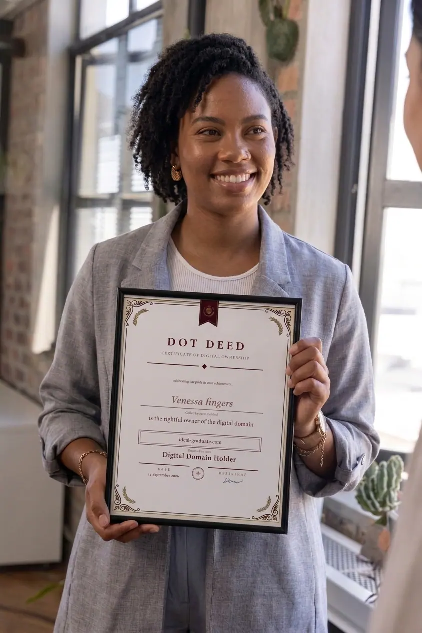 A framed Dotdeed certificate being held up