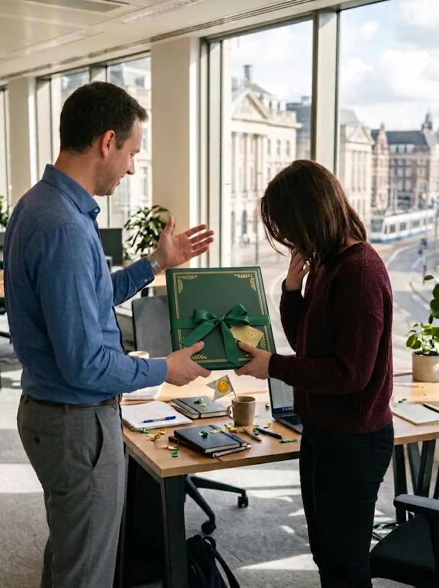 A Dotdeed gift box being handed over in a bright office