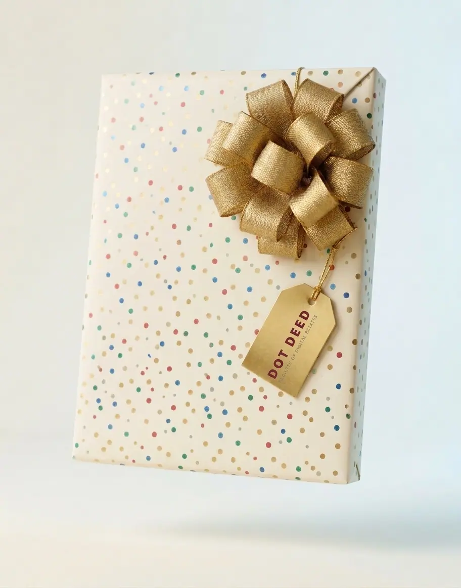 A Dotdeed gift box wrapped in white paper with a gold bow